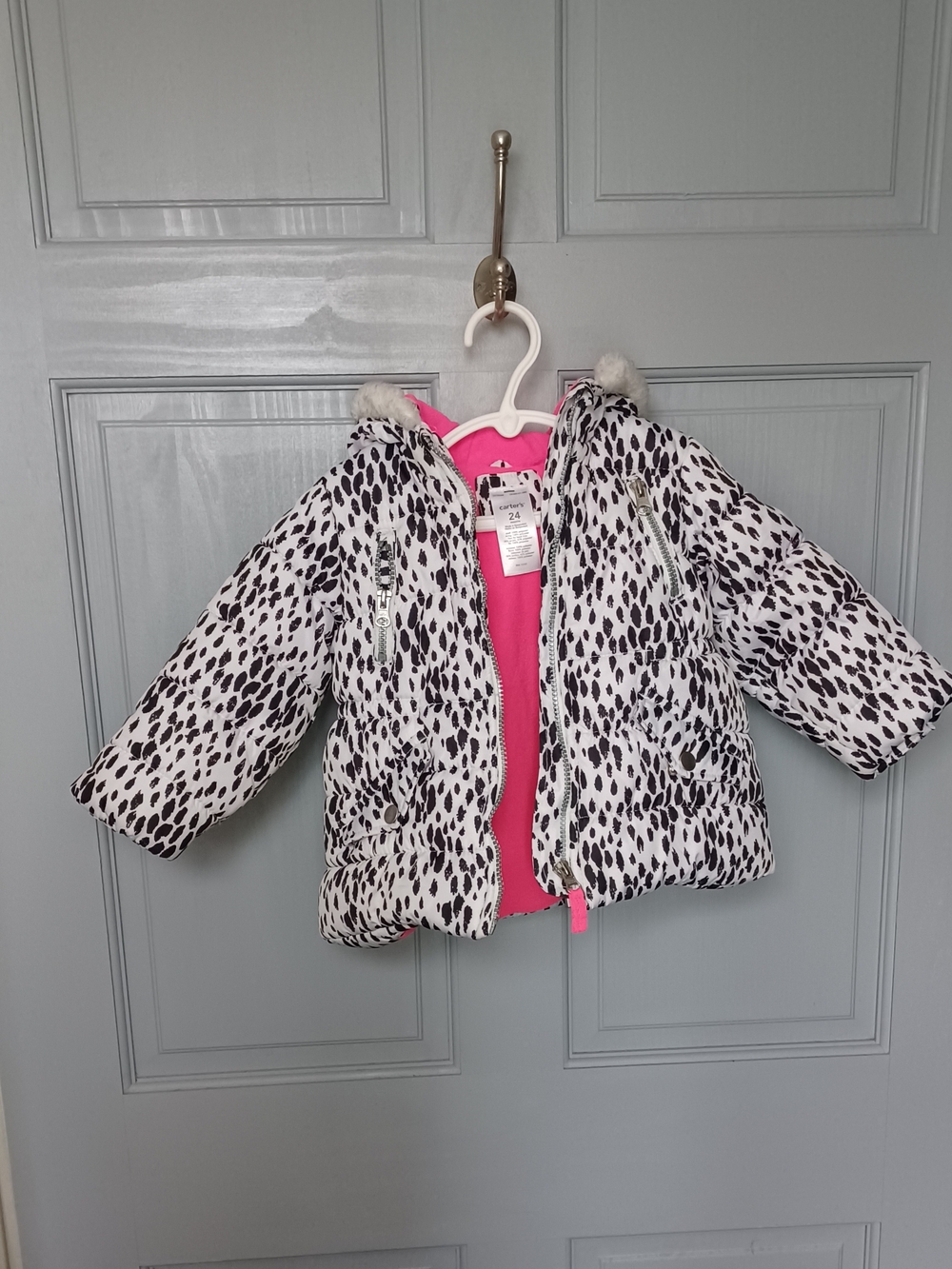 Carter's White & Black Spotted Puffer Jacket with Pink Lining